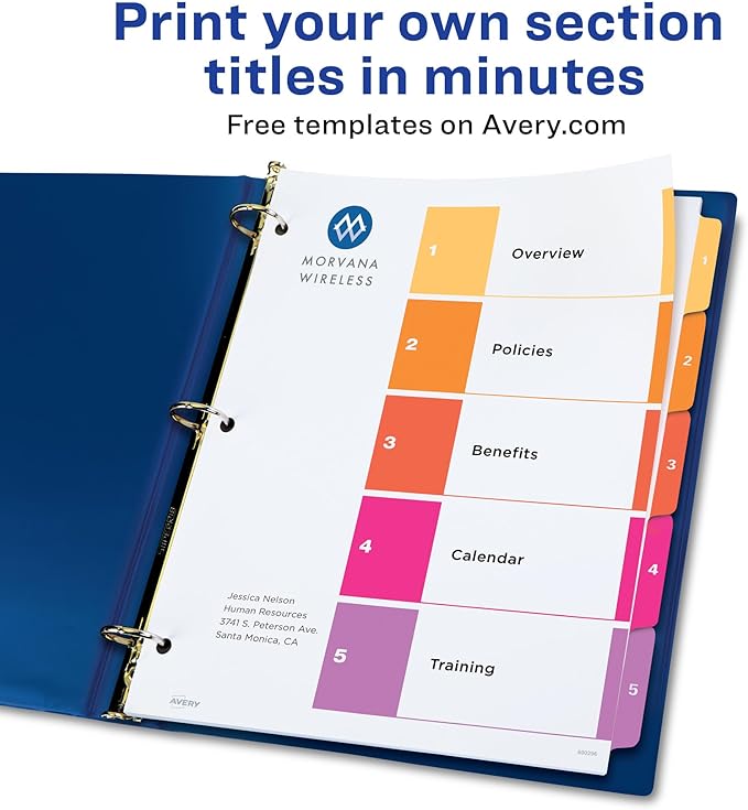 Avery 5 Tab Dividers for 3 Ring Binders, Customizable Table of Contents, Multicolor Tabs, 1 Set (11131)