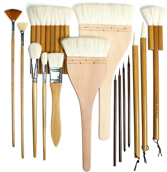 Pottery Brushes for Glazing,15 Pcs Ceramic Brushes Set with Storage Box Wool Bamboon Hake Brushes for Pottery Acrylic Watercolor