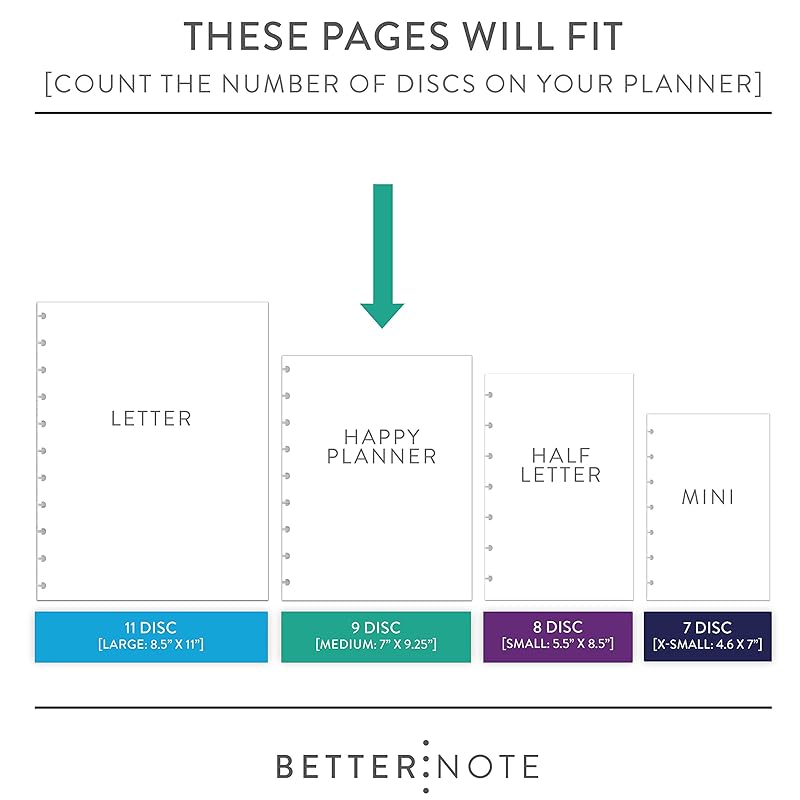 BetterNote Horizontal Undated Calendar Refill Pages for Disc Notebook, fits The Happy Planner, Discbound Levenger Circa, Staples Arc, TUL (Classic- 6 months, 9-Disc, 7"x9.25")