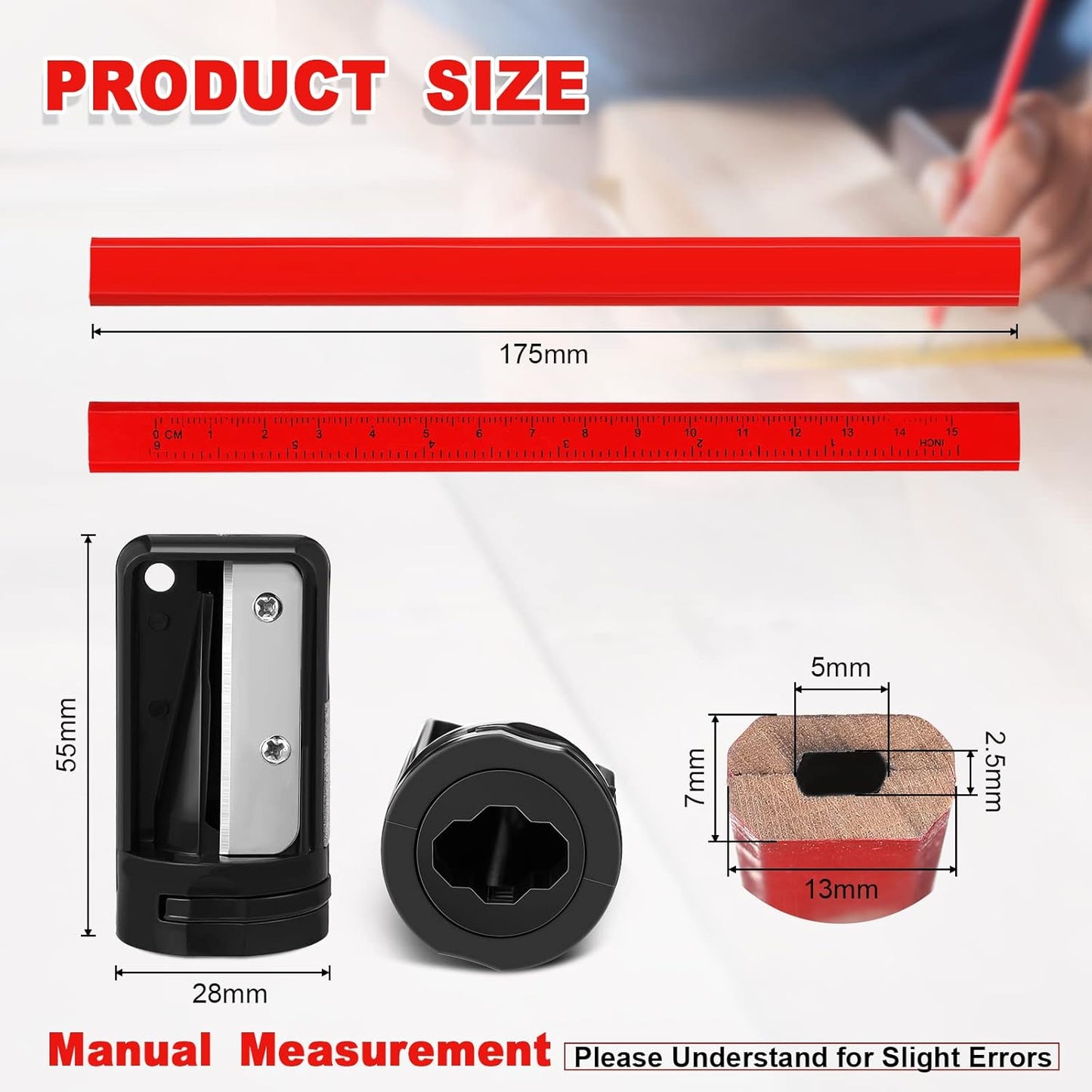 Honoson 200 Pcs Flat Construction Pencils with Printed Ruler Wood Graphite 2 Pcs Carpenter Pencil Sharpener for Woodworking Marking Tool(Red)