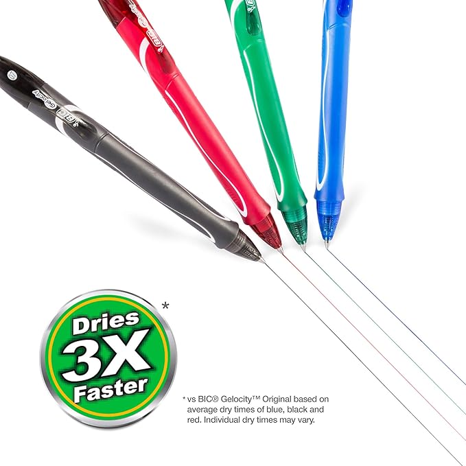 BIC Gel-Ocity Quick Dry Gel Pens, Medium Point Retractable Gel Pen (0.7mm), Assorted Colors, 3-Count