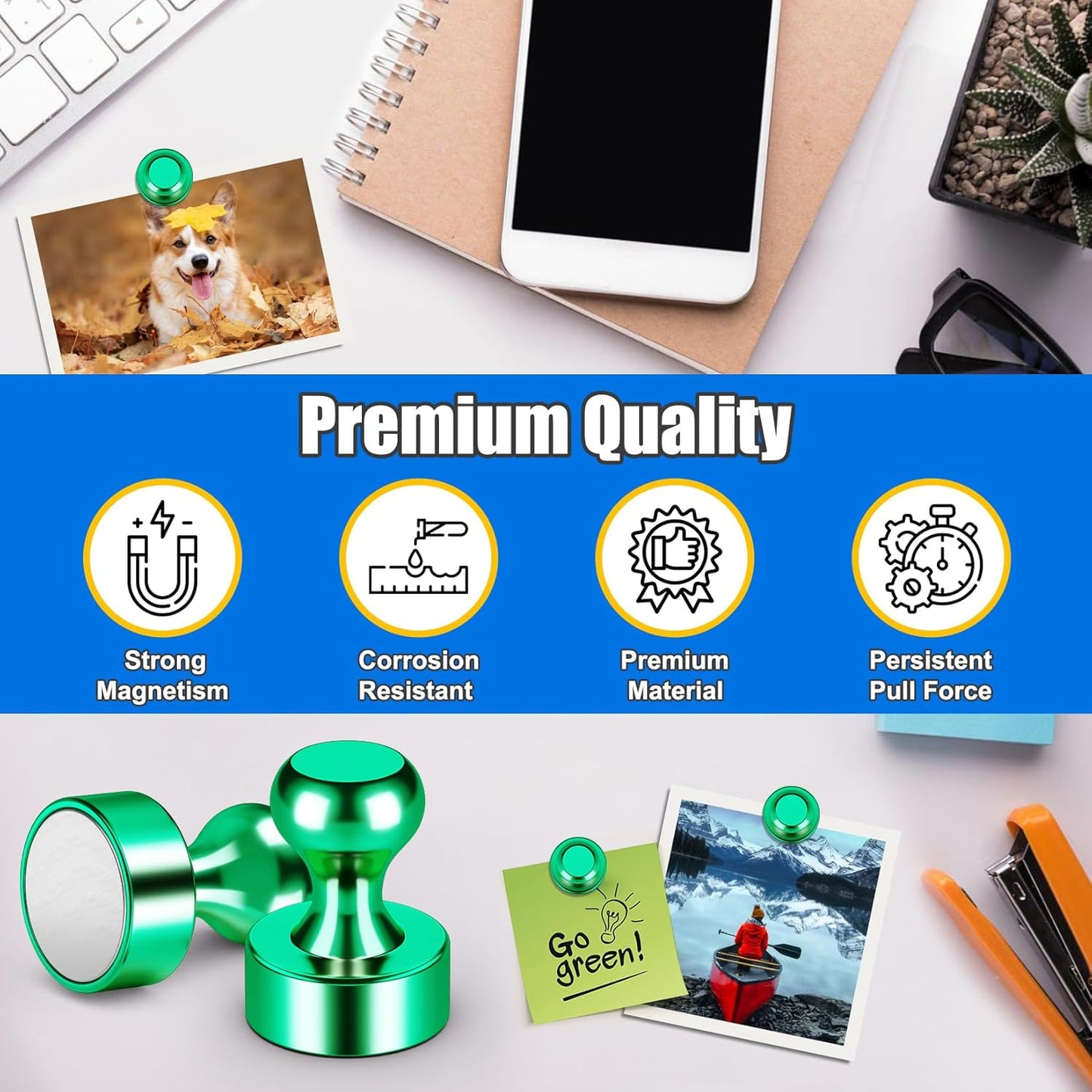 Strong Whiteboard Magnets Fridge, 18PCS Small Push Pins Refrigerator Magnets Set, Circle Magnetic Spider, Green Metal Magnetic Clips for Gadgets, Kitchen, Kitchen Decor and Accessories