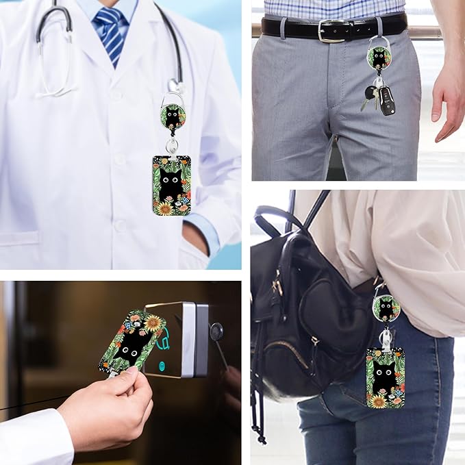 Cute Cat Hidden in The Flowers Badge Holder with Retractable Reel and Breakaway Lanyard，Badge Clips Retractable Heavy Duty Badge Reel，ID Holder with Breakaway Lanyard for School Nurse Office Teen ﻿2