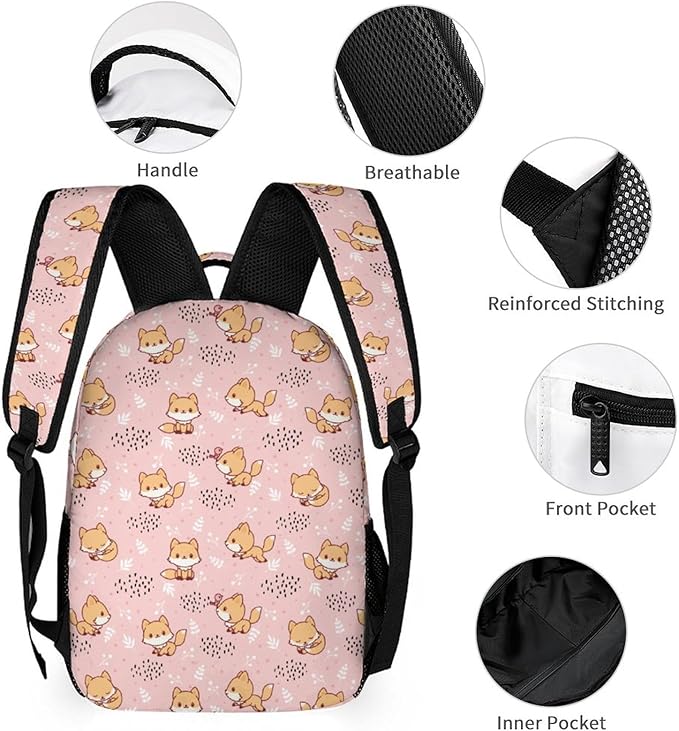 3PCS 17" Fox Backpack, Shoulders Backpack with Insulated Lunch Bag Durable Fox Laptop Bag Daypack with Multiple Pockets (Fox)