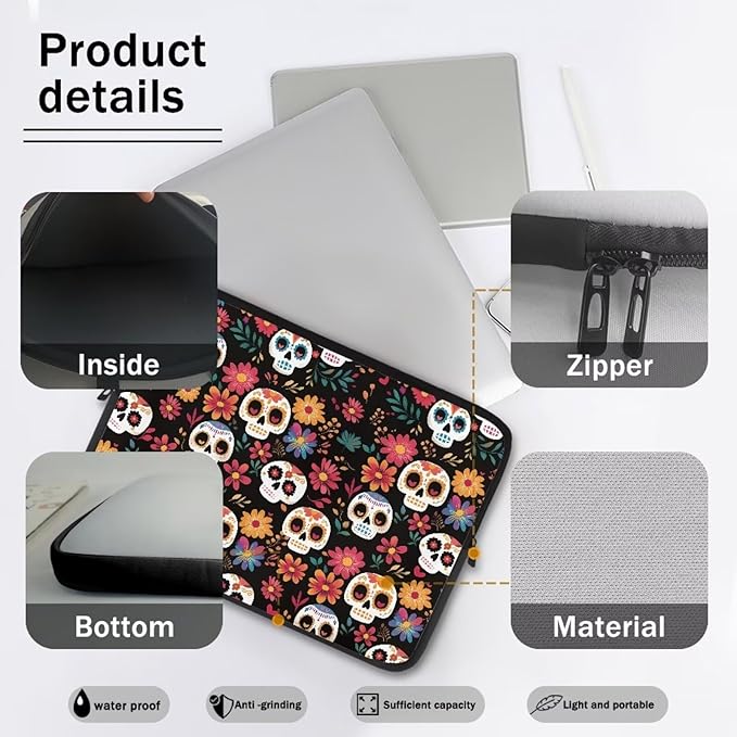 Skull Printed Computer Carrying Cover with Floral Print Laptop Case Bag Easy to Carry Computer Bag, 15 Inch Lightweight Laptop Briefcase Messenger Bag for Women