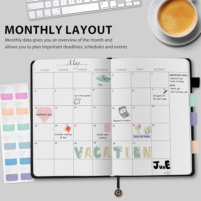 Undated Weekly and Monthly Planner, Cofullsky Weekly To Do List Planner Notebook with Unique Lettering Ribbon A5 Size Personalized Present Suitable for Women Men Teachers Kids (Letter O)