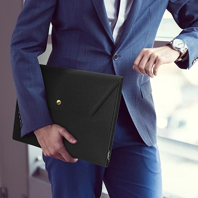 Toplive Document File Folder, Waterproof PU Leather A4 Letter Envelope Folder Case File Organizer Dual Layers Stylish Document Holder with 8 Card Holder 2 Pen Loop for Travel Office School, Black