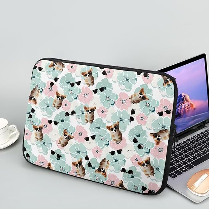 Corgi Dog Printed Computer Bags for Laptops for Women Men, Shockproof 12 Inch Laptop Case Bag Floral Print Messenger Bag with Zipper, Laptop Case Computer Carrying Cover Easy to Carry