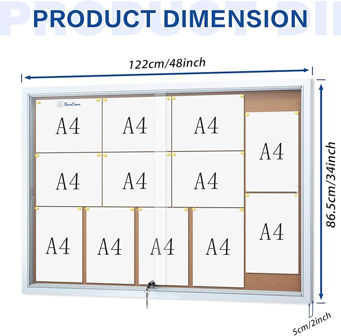 SWANCROWN Enclosed Locking Bulletin Board Cork Message Board with Sliding Glass Doors,for Indoor Use,48"x31.5"