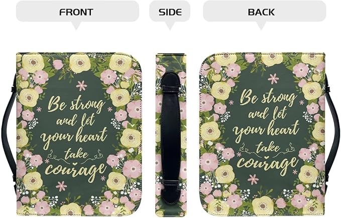 Lotusorchid Floral Bible Book Cover Case with Handle Pocket, Portable Bible Cover Case with Pen Storage, Sturdy PU Bible Tote Bag with Verse for Women Girls, Bible Accessories, Green,L