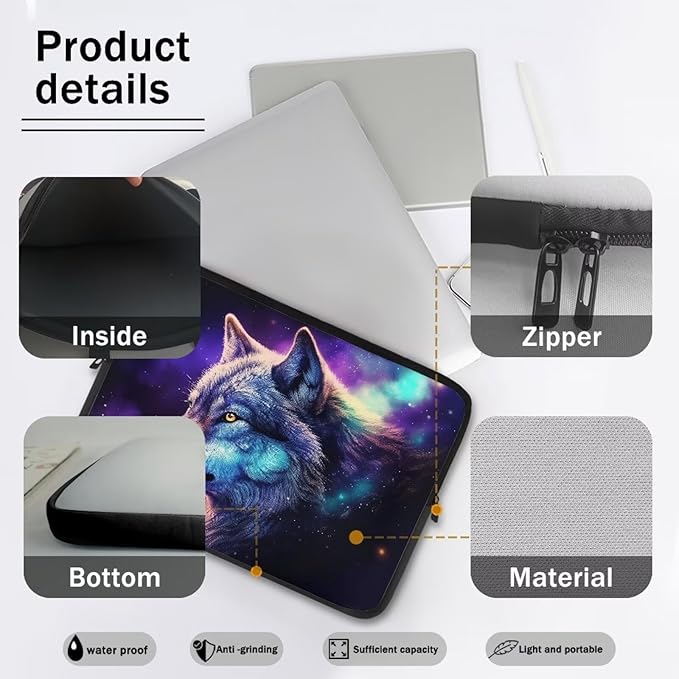Wolf Printed Laptop Briefcase for Women Men, Waterproof Laptop Case Bag Laptop Case for 15 Inch, Lightweight Computer Carrying Cover with Zipper for Office Business Traveling