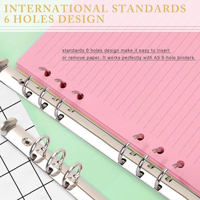 A5 Refills Paper, A5 Binder Planner Loose Leaf Paper, [5 Color] 100 Sheets (200 Pages) 6-Hole Notebook Refills for 6-Ring Refillable A5 Ring Binder Notebook Planner, Lined Paper