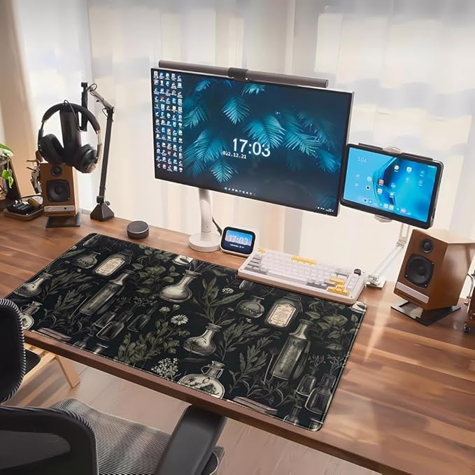 Black Aesthetic Desk Mat Black Vintage Desk Pad Large Gaming Flower Mouse Pad XXL Plant Wildflower Mousepad Extended Laptop Computer Mouse Keyboard Mat for Women Girl Office Desk Decor 31.5x15.8 in