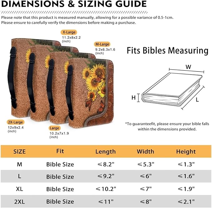 Lotusorchid Butterfly Bible Bags, Sunflower Faux Leather Bible Covers with Handle Pockets for Women, Portable Sturdy Bible Bag for Girls Ages 8-12, Christian Bible Study Accessories, Brown,XL