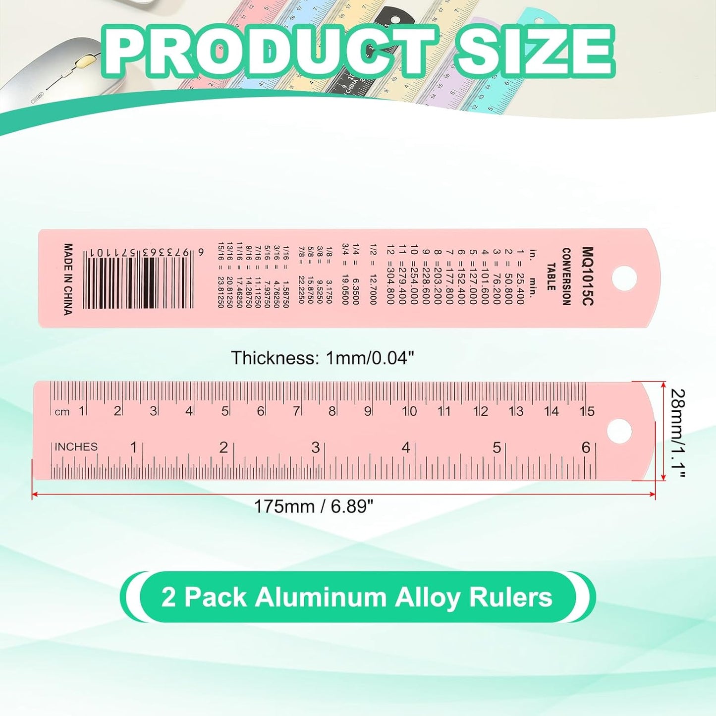 PATIKIL 15cm/6" Metal Ruler, 2 Pack Aluminum Alloy Rulers with Centimeters, Millimeters, Inches and Conversion Table Straight Edge Ruler for Writing Machinist Drafting, Pink