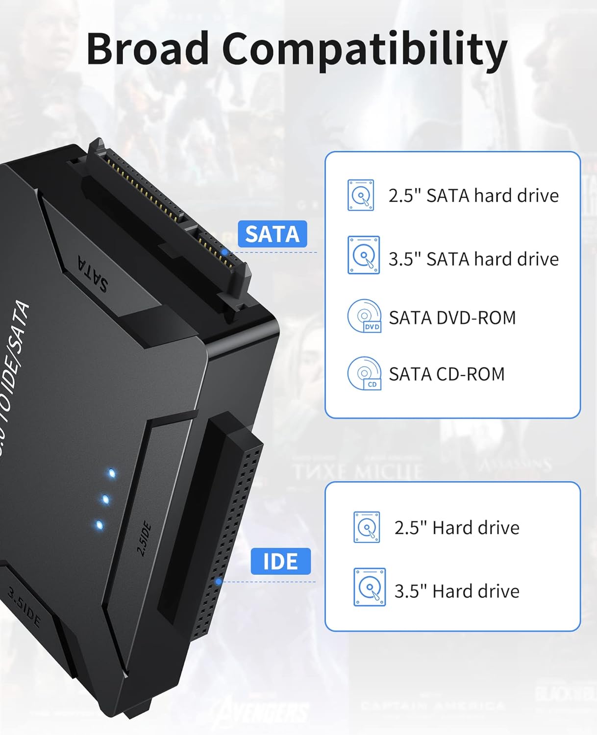 POSUGEAR USB 3.0 to IDE/SATA Adapter, External Hard Drive Reader, Universal 2.5"/3.5" HDD/SSD Converter, 12V/2A Power Adapter