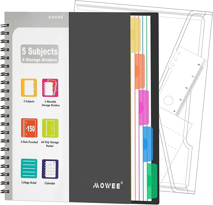 Spiral Notebook - 5 Subject Notebook, College Ruled Notebook With Dividers Pocket, Tabs Label, 11"Ruler, 300 Pages, for Writing Journal, Home & Office, School Supplies, 8.5''x11''Black 150sheets