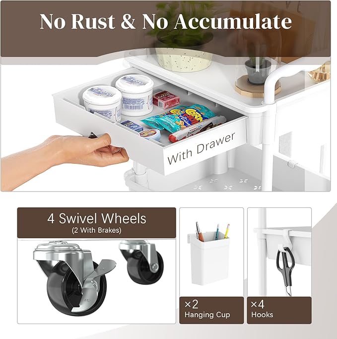 4 Tier Rolling Utility Cart with Drawer, Utility Storage Organizer with Plastic Shelf & Lockable Wheels Multifunctional Storage Cart for Kitchen, Bathroom, Office, Living Room, White