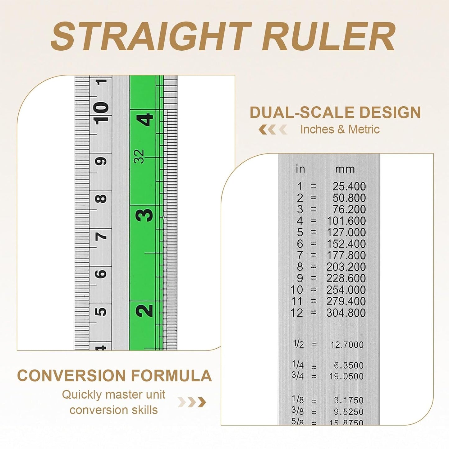 HARFINGTON 2pcs Metal Straight Ruler 30cm Metric SAE Aluminum Alloy Measuring Rulers Scale Tool with Hole for Measure Study Reading Classroom Office, Green