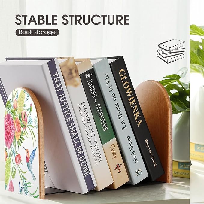 Hummingbird Butterfly Flowers Wooden Large Book Ends Bookends for Shelves, 2 Pack Non-Skid Bookends for Heave Books, Book Stoppers Holders for Kitchen Office Library, 6.7x4.7x3.9in