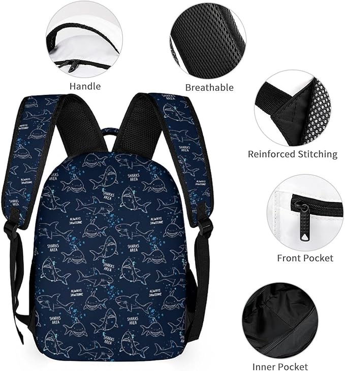 3PCS 17" Shark Backpack, Shoulders Backpack with Insulated Lunch Bag Durable Shark Laptop Bag Daypack with Multiple Pockets (Shark)