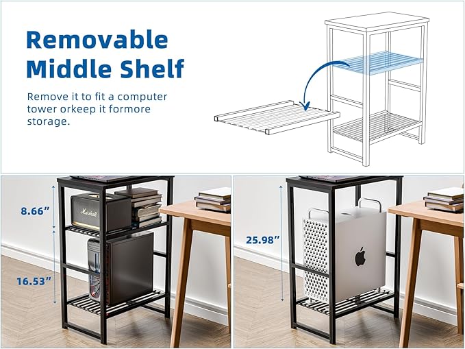 Printer Stand Holder 3 Tier - Heavy Duty Metal Shelving Unit for Under Desk Printer Storage Office Organizer, Industrial Printer Side Table with Wood Desktop for Scanner Fax Machine Black