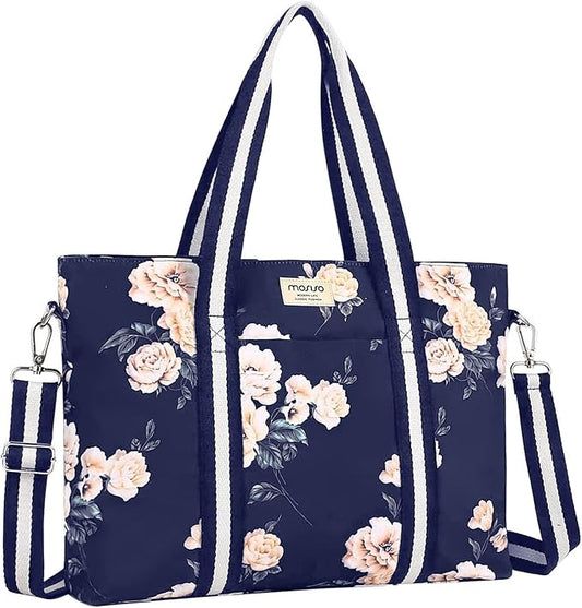 MOSISO Laptop Tote Bag for Women (17-17.3 inch), Canvas Camellia Multifunctional Work Travel Shopping Duffel Carrying Shoulder Handbag, Blue
