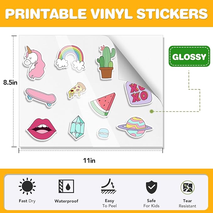 100 PCS Sticker Paper for Inkjet Printer，Printable Vinyl Sticker Paper Dries Quickly Vivid Colors，8.5"x11" Tear Resistant Printable Vinyl，Glossy White,Inkjet & Laser Printer