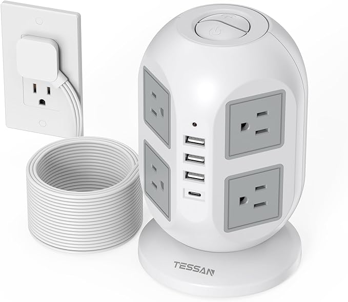 Tower Surge Protector Power Strip 15 ft, TESSAN Long Flat Extension Cord with Multiple Outlets, 8 AC Outlets with 4 USB Ports (1 USB C), Charging Station with Surge Protection, for Home Office Dorm