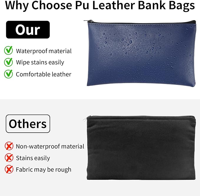 4 Pack Money Bags with Zipper, 11x6.1 Inch PU Leather Cash Pouch, Secure Bank Bag for Coins, Bills, Checks, Invoices, Cosmetics, Tools (Blue)