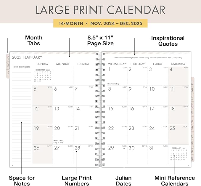 Essential PRO 2025 Daily, Weekly & Monthly Planner, 8.5"x11": 14 Months (Nov 2024 - Dec 2025) Monthly Tabs,Daily Tracking,Notes Pages,Storage Pocket,Bookmark w Sticky Notes (Colorful Botanicals)