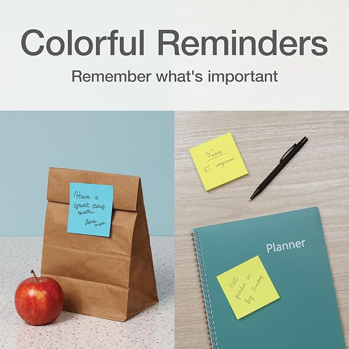 Redi-Tag Sticky Notes, Power Stick Notes, Adhesive Reminders, 3" x 3" Reusable Notes, Strong Adhesive Memos, Assorted Bright Colors, 12 Pack (1000976)