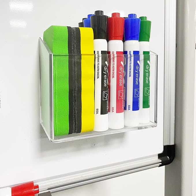 Simetufy Whiteboard Marker Holder, Strong Magnetic Dry Erase Marker Holder for Marker, Pens, Pencils, etc, Non-slip Acrylic Magnetic Pen Holder for Fridge, Lockers, Whiteboards - Transparent, 1 Pack