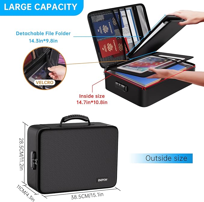 ENGPOW 5200℉ Fireproof File Organizer Bag with 13 Pocket Accordion File Folder,Document Organizer Box with Lock&Labels,Multi-Layer Portable Home Travel Safe Storage Box for Important Documents,Files