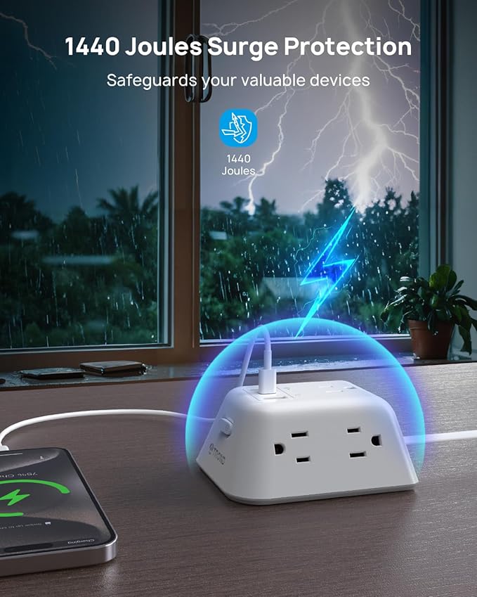 TROND Flat Extension Cord 10ft, Ultra Thin Flat Plug Power Strip, 5 Widely-Spaced AC Outlets and 3 USB Ports, 1440J Surge Protector, 3-Sided Wall Mount for Home Office Dorm Room, White