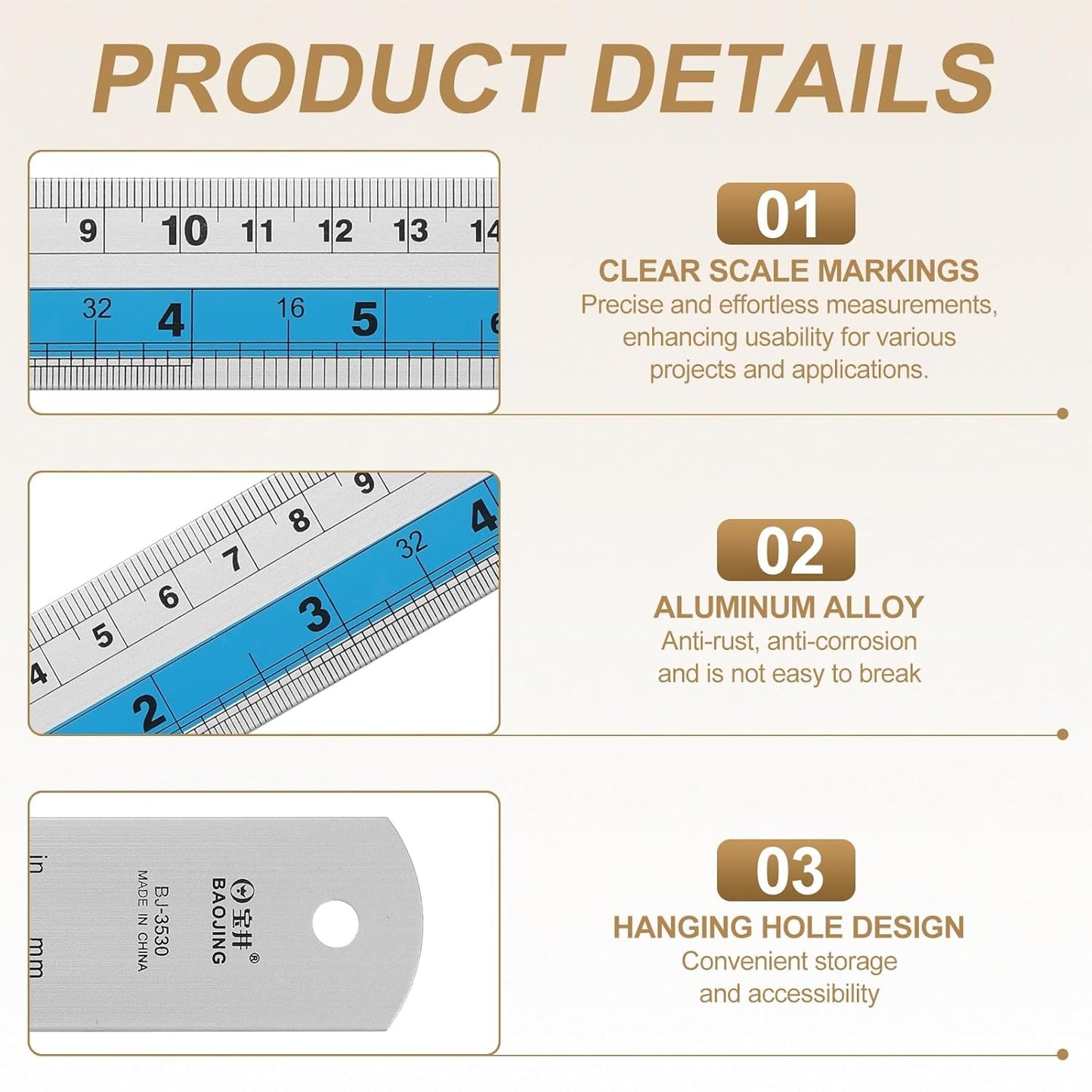 HARFINGTON 4pcs Metal Straight Ruler 20cm Metric SAE Aluminum Alloy Measuring Rulers Scale Tools with Hole for Measure Study Reading Classroom Office, Blue