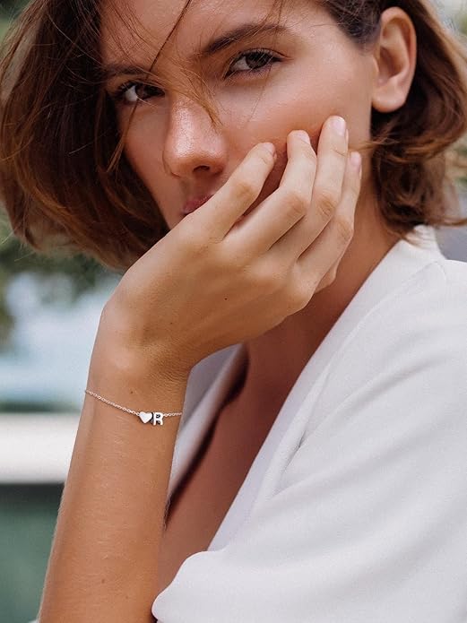 Silvora 925 Sterling Silver Dainty Initial Bracelet with Heart - 6.3" + 2" Adjustable Personalized 26 Letter Bracelet Jewelry Heart Bracelet for Women