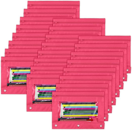YoeeJob Pencil Pouch for 3 Ring Binder, Zipper Pencil Pouches Bulk, Pencil Case Pouch with Clear Window for Class, School, Office, Pink, 24 Packs