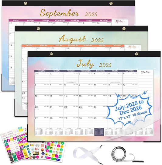 Gannyfer Desk Calendar 2025-2026, Magnetic Calendar for Refrigerator, July 2025 -Dec 2026, 18 Monthly Large Yearly Desktop/Wall Calendar with Stickers Plastic Cover Hanging String, for Office, Home or School, 17" x 12"