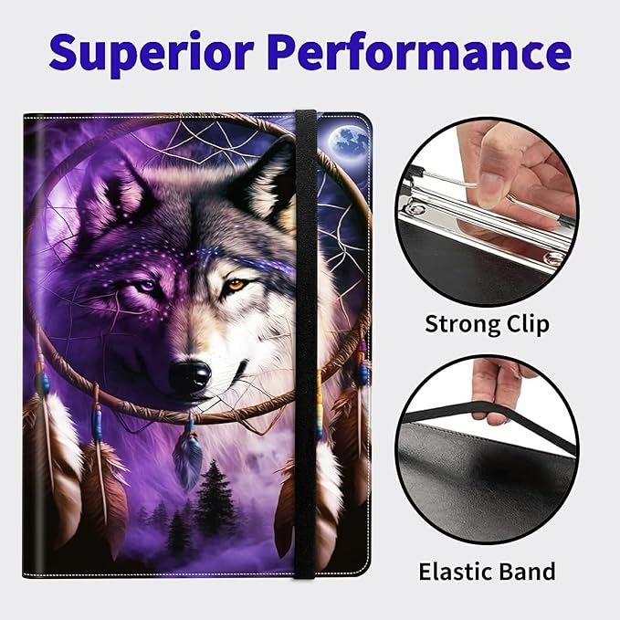 Dream Chasing Wolf PU Leather Padfolio Clipboard Notepad with Pen Loop and Elastic Strap Interview/Resume Document Organizer for Business School Office