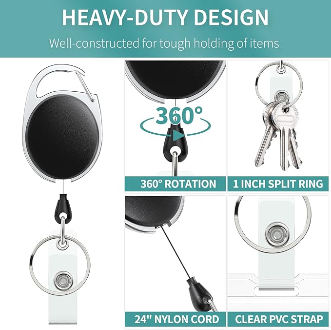 Uniclife 10 Pack Retractable Badge Reel for Badge Holder Heavy Duty Retractable Keychain Strong ABS Casing with Stainless Steel Spring Coil 24 Inch Nylon Rope Carabiner Clip and Key Ring