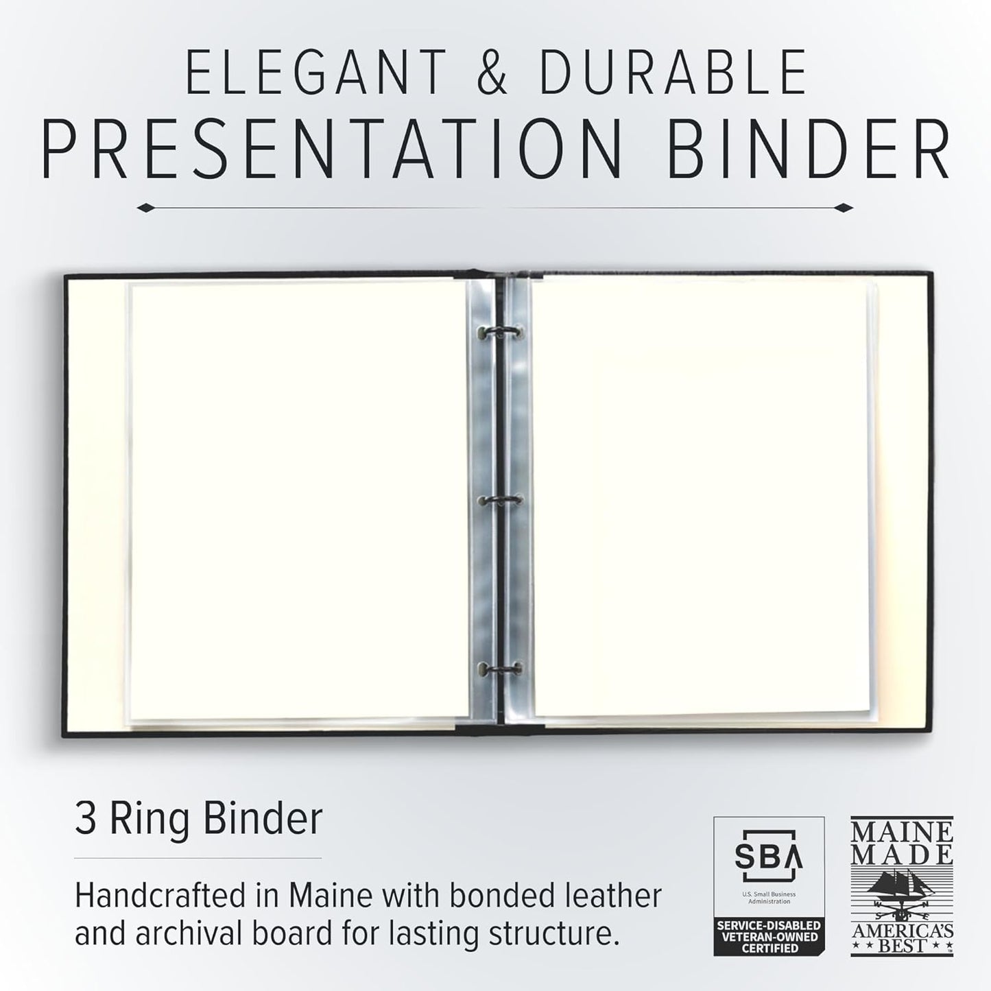 Gallery Leather 3 Ring Binder with Plastic Sleeves, Includes 10 Sheets, Sheet Size: 8.5" x 11" - Presentation Binder Rings with Window and Hubbed Spine, Thick: 0.75" Belfast Black