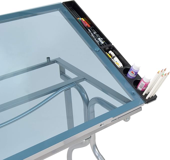 Studio Designs Folding Modern Glass Top Adjustable Drafting Table Craft Table Drawing Desk Hobby Table Writing Desk Studio Desk, 35.25" W x 23.75" D, Silver / Blue Glass