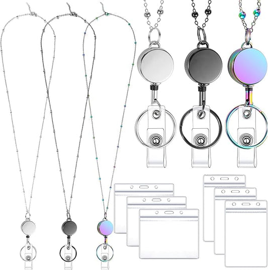Lanyards for Id Badges 3 Pack Badge Lanyard with 6 Pcs Id Badge Holder Retractable Stainless Steel Teacher Lanyards Cruise Ship Lanyards for Girl Women (Black, Silver, Bright Blue)
