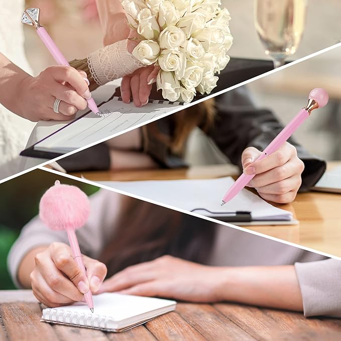 WEMATE 8Pcs Ballpoint Pens Set Metal Crystal Diamond Glitter for Journaling Pink Pen Bling in Black & Blue Ink Pretty Cute Fancy Gifts for Women Wedding School Office Desk(Pink)
