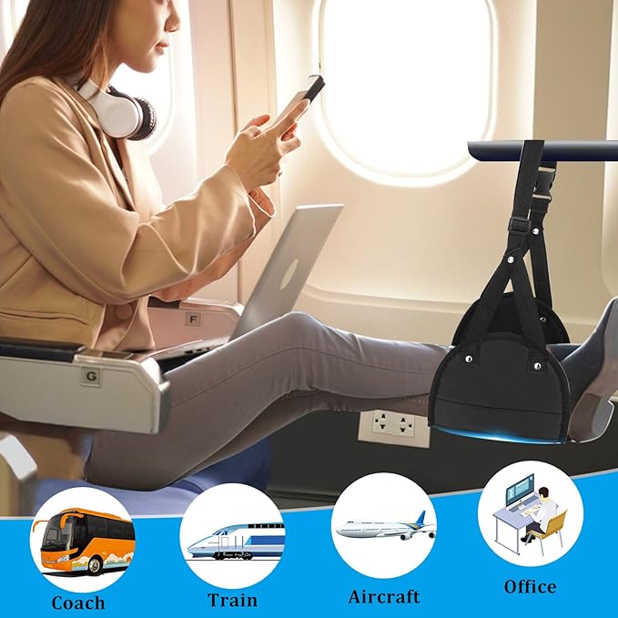 2 Pack Airplane Foot Rest, Airplane Foot Hammock with Premium Memory Foam, Adjustable Length Foot Hammock for Plane Travel, Airplane Footrest Relax Your Feet in The Train Office&Home, Black