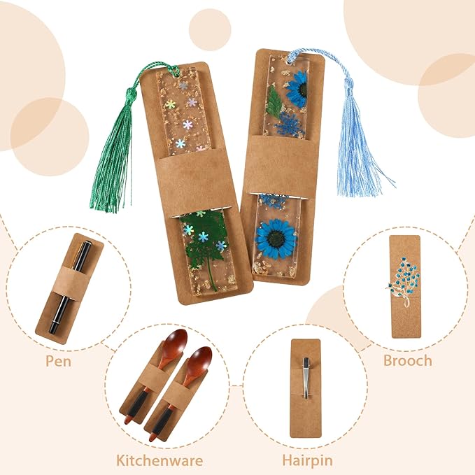 Fumete 50 Pieces Resin Bookmark Holder 5.9 x 1.8 Inches Kraft Sleeves DIY Bookmarks Display Cards for Wrapping Small Business Packaging Supplies Party Favor Gift (Brown, Cute)