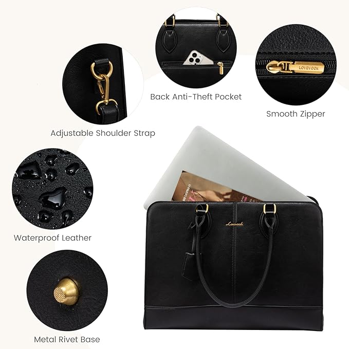 LOVEVOOK Laptop Bag for Women, Work Tote Bags 17.3 inch Computer Bags for Laptops for Women Purse, Large Vintage PU Leather Waterproof Business Office Briefcase, Black