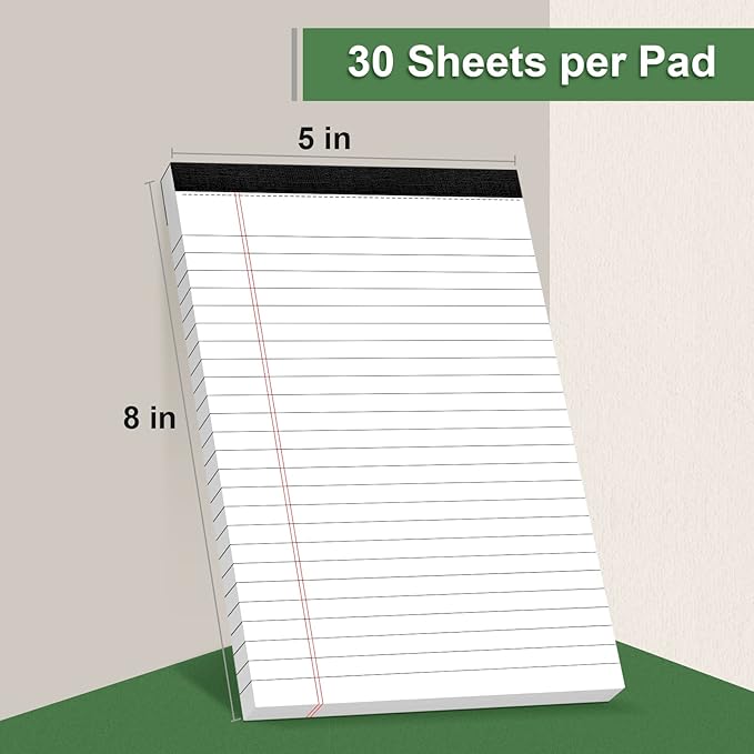 6 Pack Note Pads 5 x 8 Inch Writing Pads College Ruled Legal Pads, White Lined Notepad for Work or School, 30 Sheets/Pad, Perforated Recycled Note Paper for Note-Taking, Grocery List