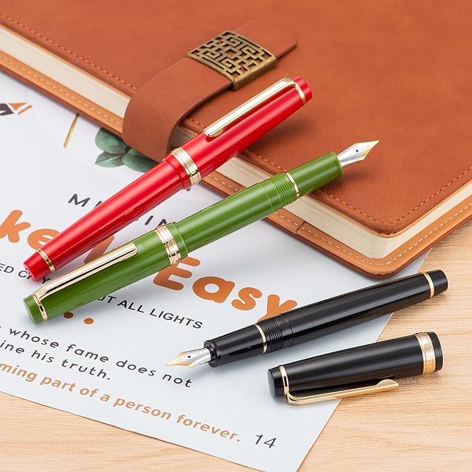Jinhao 82 Black Acrylic Fountain Pen, Iridium Bent Nib Classic Design Smooth Writing Pen with Ink Converter (Gold Trim)